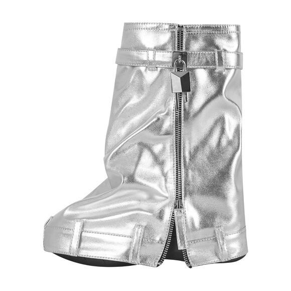 Women's Silver Metallic Leather Zip Fold Over Padlock Platform Mid Calf Boots 10 - Picture 1 of 8